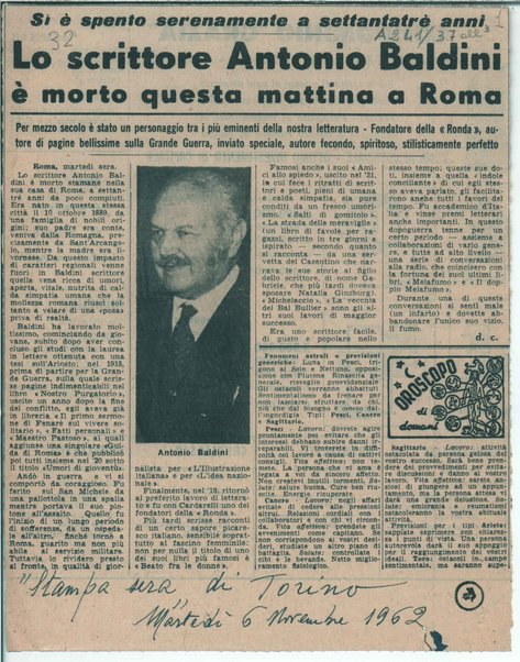 Lo scrittore Antonio Baldini è morto questa mattina a Roma : si è spento serenamente a settantatre anni